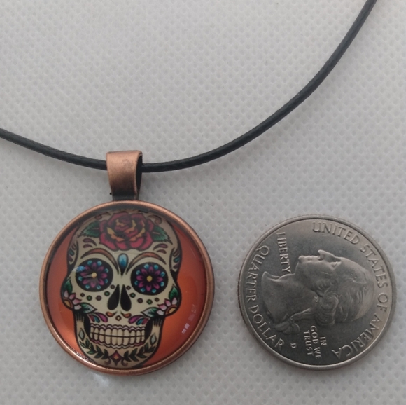 Handmade Orange Skull Necklace on Black Cord - Picture 1 of 2